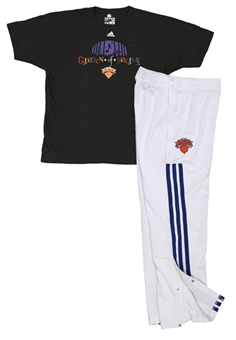 2013 Jason Kidd New York Knicks Game Used White Warm Up Pants and Black MSG T-Shirt (Steiner)